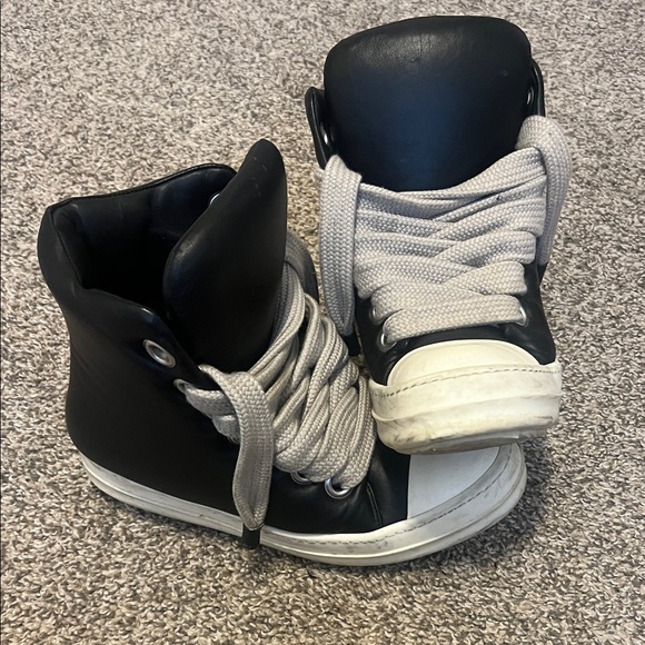 Rick Owen's Black Leather Ramones High Top Jumbo Lace Sneakers Gray Laces